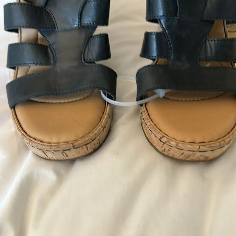 BORN Ankle Strap Sandals Wedge Cork Heels, Black, Size 10,NWT no box